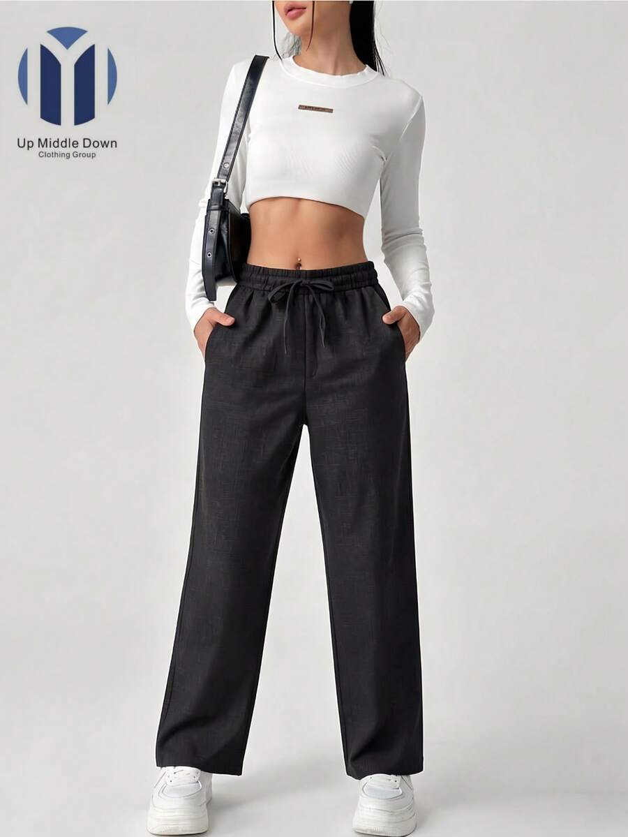 Pantalón Casual de Pierna Ancha para Mujer con Cintura Elástica - Ideal para Verano y Primavera - Negro - Ver 1