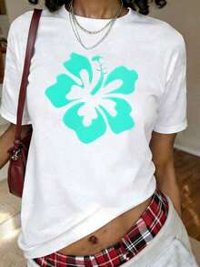 1 pieza de camiseta retro estilo hawaiano con estampado floral de hibisco, manga corta, cuello redondo, top casual para verano y primavera, ropa de mujer, 180g, 100% algodón. - Blanco - Ver 12
