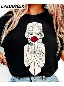 Camiseta de verano para mujer, de corte holgado, con estampado gráfico de princesa y rosa, estilo relajado, unisex, de manga corta, cuello redondo, estilo de cuento de hadas caprichoso, diseño minimalista de arte lineal, perfecta para noches de cine, salidas casuales, uso diario y para fans del estilo de cuento de hadas, regalo ideal para la Generación Z, amantes de la comodidad, tela de algodón suave y transpirable, color blanco. Ropa de talla grande para salidas al aire libre, adecuada tanto para hombres como para mujeres. - Negro - Ver 7