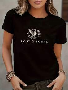 Camiseta de Mujer con Estampado de Paloma y Rama de Olivo, Estilo Americano, Manga Corta, Diseño de Letras "LOST&FOUND", Cuello Redondo, Corte Holgado, Cómoda, Suave, Elegante y a la Moda, Ideal para el Día a Día, Lavable a Máquina, Ajuste Cómodo y a la Moda, Camiseta para Salidas Casuales - Alta Calidad - Negro - Ver 7