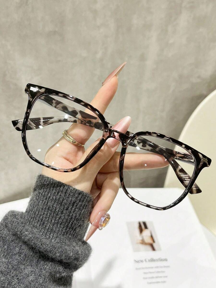 1 Pair Unisex Retro Square Leopard Print Glasses, Fashionable Vintage Style Transparent Eyewear Accessory, High-Definition Lenses, Suitable For Women, Perfect For Daily Wear, School, And Office. - Clear - View 1
