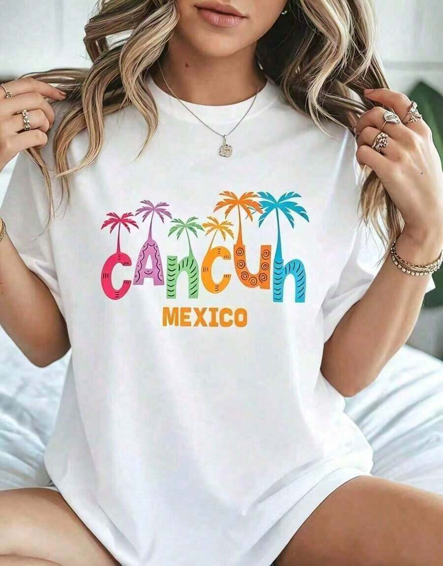 short-sleeveCamiseta cómoda y ligera de talla grande para mujer, con estampado gráfico de Cancún, MÉXICO, manga corta, cuello redondo, estilo casual para verano y primavera, ropa de mujer 100% algodón, a la moda.Blusas Bonito 100% Algodón - Blanco - Ver 1