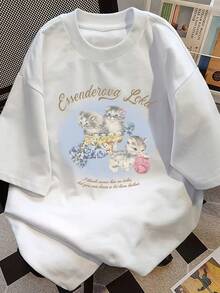Blusa de verano para mujer con estampado de gatitos dulces y adorables, cuello redondo, manga corta, diseño holgado, estilo raglán, versátil y elegante. - Blanco - Ver 5