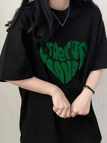 Camiseta Casual Minimalista con Estampado Gráfico, Camiseta Blanca Oversize de Inspiración Vintage para Mujer - Camiseta Casual de Verano con Estampado de Corazón Verde, Corte Holgado, Manga Corta, Transpirable y Cómoda para Atuendos Casuales, Camisetas Oversize 100% Algodón, Blusas para Mujer - Negro - Ver 6