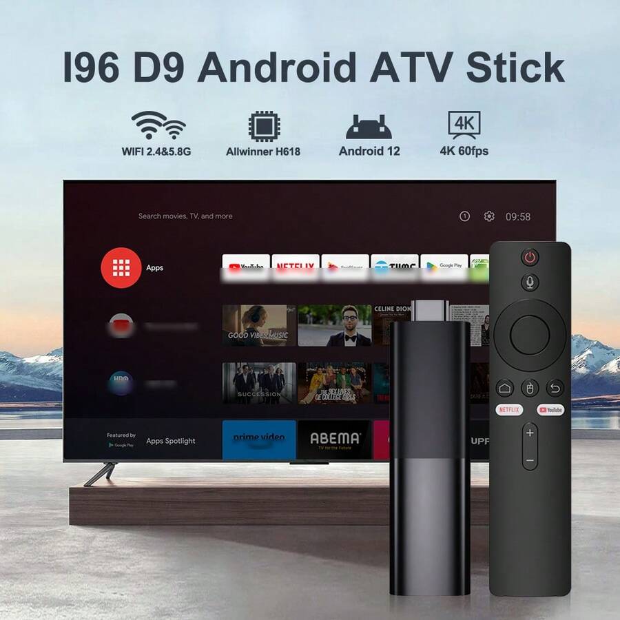 I96 D9 電視棒，超高清 4K UHD ATV，配備 [2GB RAM+16GB ROM]，雙頻 WiFi 語音遙控器，內建 Android ATV 智慧電視系統，適用於 Android 電視棒、4K HD 串流設備，適用於電視和投影機