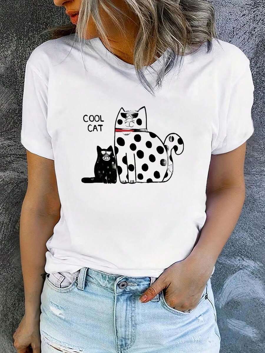 ¡Oferta por tiempo limitado, unidades limitadas, relámpago! Camisas casuales para mujer, camisetas de poliéster para mujer, camisas elegantes.Camisetas de verano de manga corta con estampado para mujer, a la moda y casuales, lavables a máquina, ajuste cómodo, estampado plano 2D, plano 2D,CoolCat. - Blanco - Ver 1