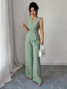 Two-Piece Set Of Flared Trousers With Elastic Waist And Belt, V-Neck, Open Front, Pleats And Asymmetric Hem, Made Of Linen-Like Fabric, For Women, For Spring/Summer, Elegant, Casual, For Work, Vacation, Afternoon Tea - 薄荷綠 - 查看 8