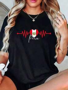 Camiseta Gráfica De Cuello Redondo De Algodón 100% Con Ullo De Las Raíces Peruanas, Latido Del Corazón Ulloso, Bandereruanara Mujeres Y Hombres, Cómodara El Verano Y Las Vacaciones Round Neck Printed Short Sleeve Casual Everyday T-Shirt, They Are Excellent Gifts For Friends And Family,100% Cotton T-Shirts Feature, A Youthful And Fashionable Design - Negro - Ver 6