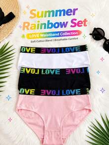 3件套女士中腰纯棉彩虹字母印花舒适弹力日常内衣套装 - 彩色 - 查看 2