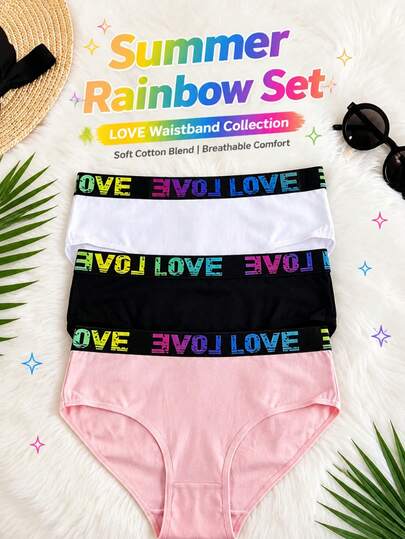 Set de 3 piezas de ropa interior de mujer de cintura media de algodón con estampado de letras arcoíris, cómoda y elástica para uso diario