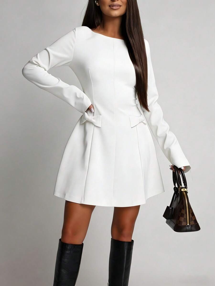 Mini Dress With Long Sleeves, Round Neck With Bow And Defined Waist - 白色 - 查看 1