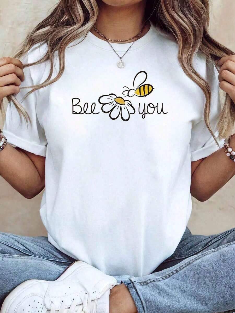 Conjuntos de Verano Minimalistas Modernos para Mujer, Camiseta de Manga Corta con Diseño Divertido de Abeja para Uso Diario, Top Elegante y Divertido, Conjuntos de Verano para Mujer, Tops de Verano, Casual para el Día a Día - Blanco - Ver 1