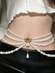 1 pieza Cadena de cintura de perlas falsas elegante, versátil y de lujo con estilo retro francés, adecuada para uso diario, festivales y fiestas de mujeres - Multicolor - Ver 1