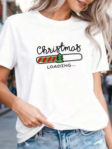 1 pieza de camiseta gráfica navideña divertida para mujer - 100% algodón blanco, manga corta, cuello redondo, estilo casual, con estampado festivo rojo y verde, diseño divertido de "Christmas Loading" y patrones de copos de nieve, peso total 180g, 100% algodón. - Blanco 3 - Ver 3