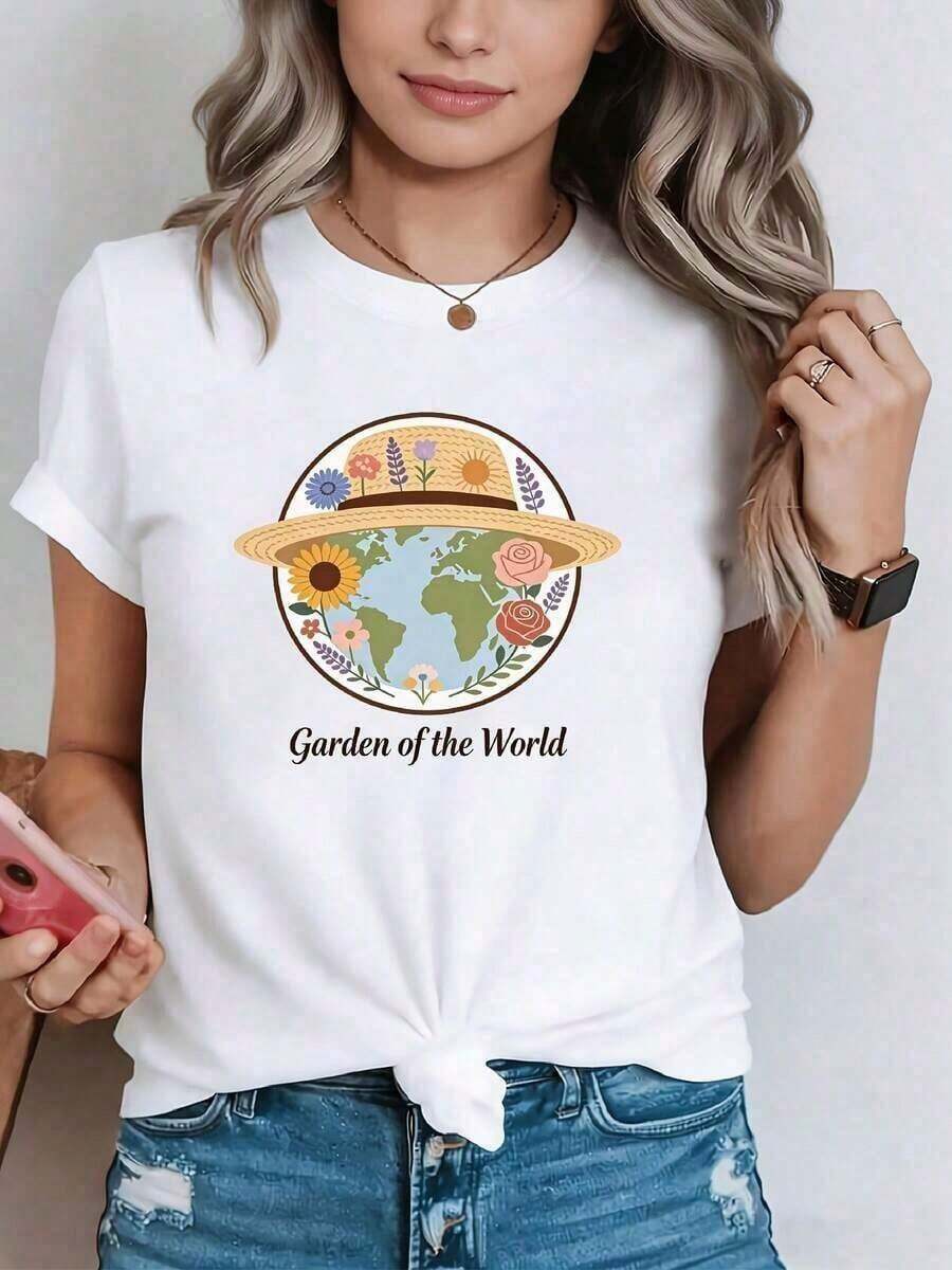 Modern MinimalistCasual Linen ShirtFree Shipping Garden Of The World Floral Straw Hat Print  T-Shirt For Women, Medium, Skin-Friendly,, Suitable For Spring And Summer Daily Commuting, Pastoral Style, Slimming, Versatile, Simple And Creative Design Top, Gift For Nature Lovers, Party Wear, 06-Concert Outfits, Beach Vacation Outfits For Women, Cute Clothes06-Sweatshirt Graphic Printcasual everyday - Blanco - Ver 1