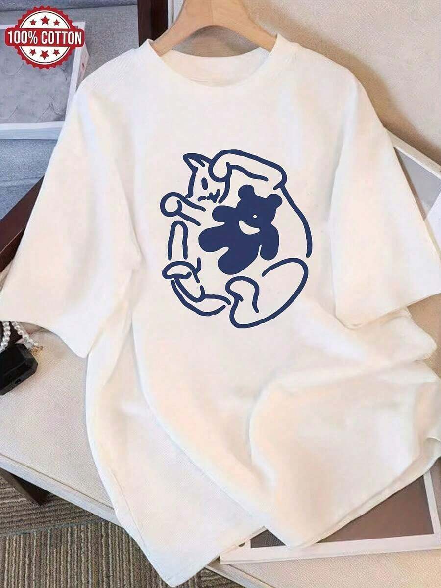 Camiseta Vintage YK para Mujer, Estilo Moderno Minimalista con Estampado Gráfico - Camiseta de Manga Corta Oversized con Detalles en Azul Marino, Tela Adecuada para Atuendos Casuales, Eventos Temáticos y Vestimenta Informal, Estilo Retro YK, Top Holgado 06 - Camiseta de Manga Corta para Mujer, Casual para el Día a Día - Blanco - Ver 1