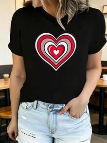 Women's Printed Short-Sleeved T-Shirt With Round Neck, Modern And Casual, Machine Washable, Comfortable Fit, 2D Flat Print, Casual 2D Blouses For Women. - 黑色_01 - 查看 7