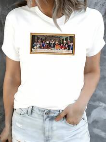 Artistic Representation Of A Symbolic Gathering Reflecting Unity, Diversity, And Shared Moments Around A Table, Conveying Joy And Connection Between Cultures. Modern, Casual, Comfortable Women's T-Shirt, Ideal For Everyday Wear. - 白色 - 查看 8