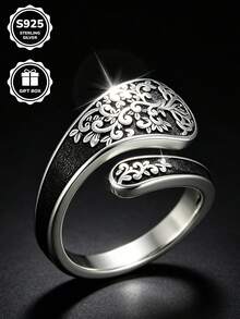 1pc S925 Sterling Silver Carved Vine Open Ring, Daily Wear Couple Anniversary Gift, Comes With Gift Box - Silver - View 3