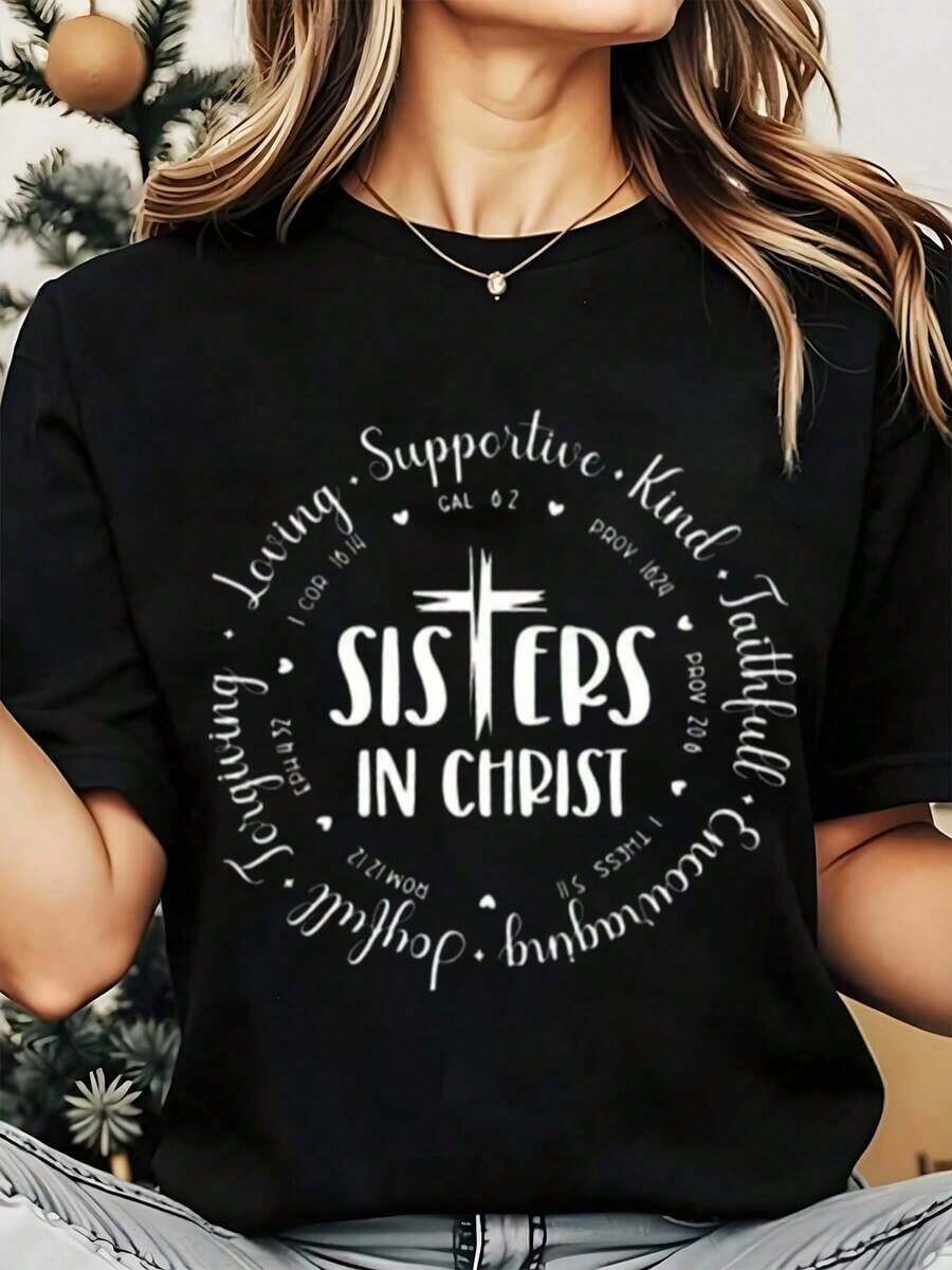 Camiseta de cuello redondo para mujer, hermanas en Cristo, fe cristiana, cruz, versículos bíblicos, cariñosos, solidarios, amables, fieles, atentos, oración, diseño de Escrituras para eventos de culto en la iglesia, vacaciones de Navidad, blusa casual para mujer. - Negro - Ver 1