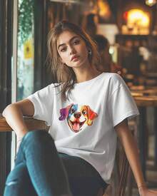 Camisetas para Mujer de Manga Corta, Cuello Redondo de Algodón, Camisetas con Estampado de Perro Colorido, Camisetas Básicas Casuales, Tallas XS-5XL, Blanco XXL - Blanco - Ver 5