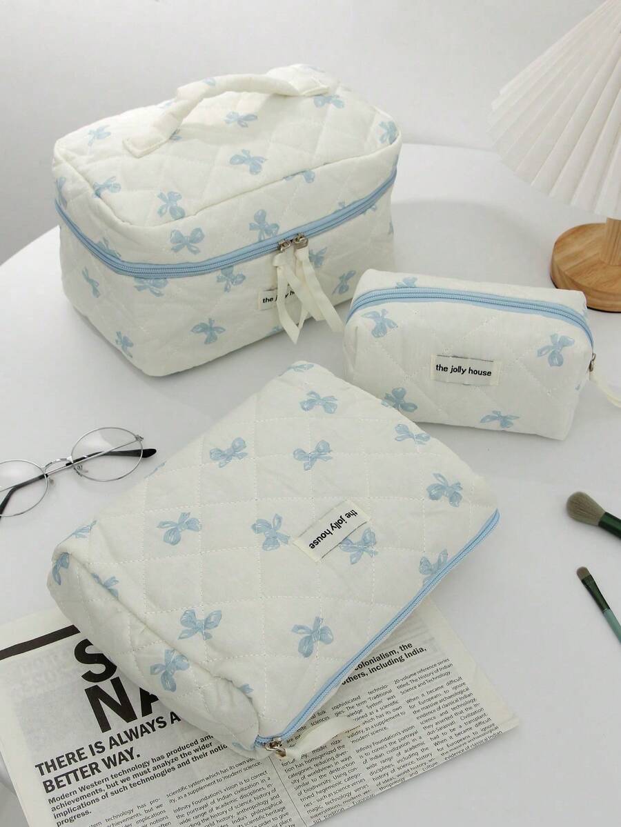 Bộ 3 túi đựng mỹ phẩm chần bông họa tiết nơ màu xanh nhạt, túi đựng mỹ phẩm du lịch dung tích lớn, túi vải cotton thẩm mỹ dùng hàng ngày và khi đi du lịch. - Nhiều màu - Xem 1