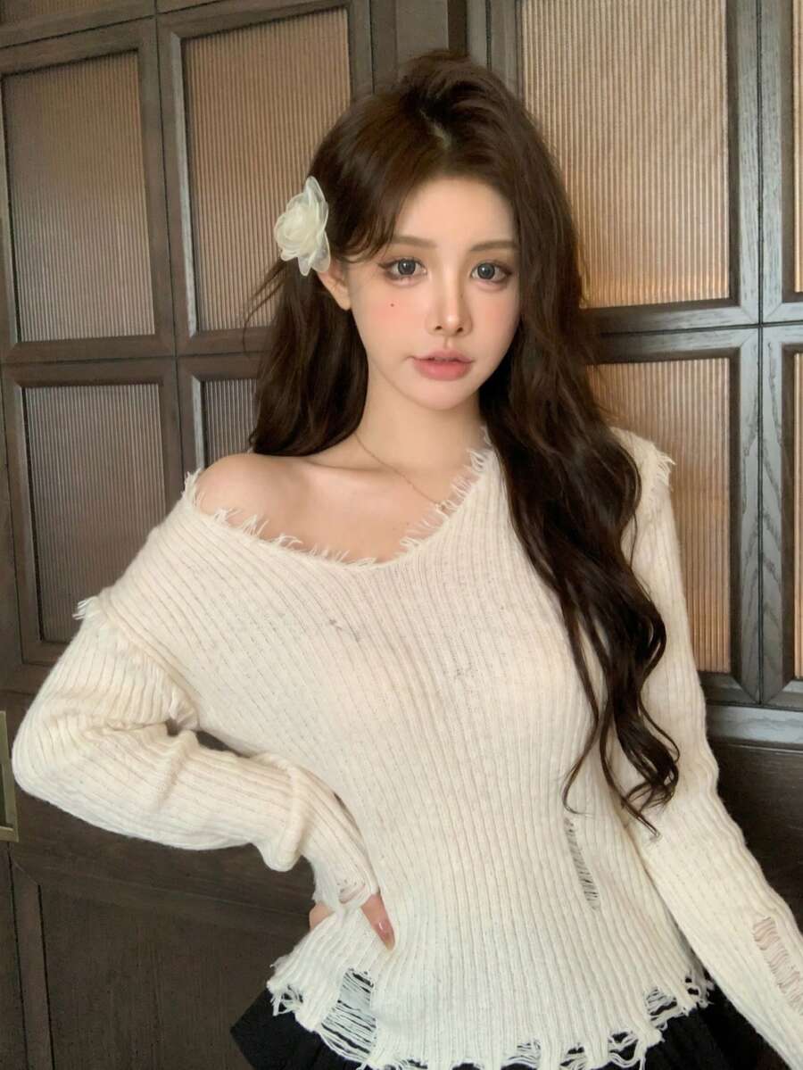 女式休闲不对称做旧针织毛衣,复古风格,长袖,百搭修身,秋冬 - 杏色 - 查看 1