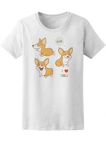 Camiseta para Mujer con Lindos Perros Welsh Corgi Pembroke -Imagen de Shutterstock, Talla Pequeña para Mujer - Blanco - Ver 1