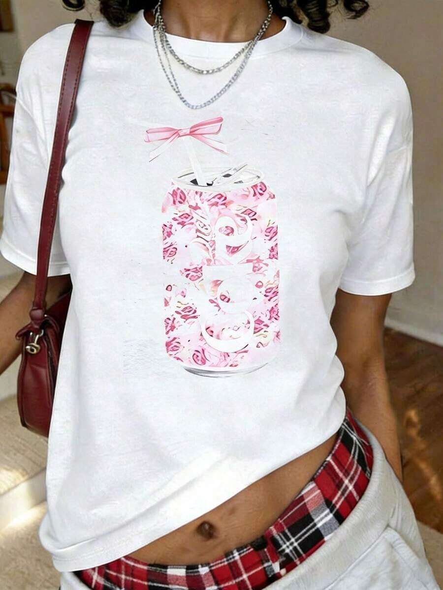 Camiseta Casual con Estampado Coke1, Manga Corta y Cuello Redondo, Top Casual para Verano y Primavera, Ropa de Mujer a la Moda - Blanco - Ver 1