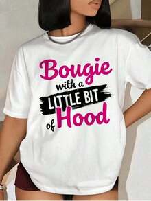 Camiseta de algodón para mujer con estampado "Bougie With A Little Bit Of Hood", 180g, cuello redondo, cómoda y transpirable, ideal para uso casual.Camiseta gráfica, tops gráficos para mujer, camiseta de verano, camiseta casual, adecuada para vacaciones, diseño divertido y a la moda, transpirable y cómoda. - Blanco - Ver 1