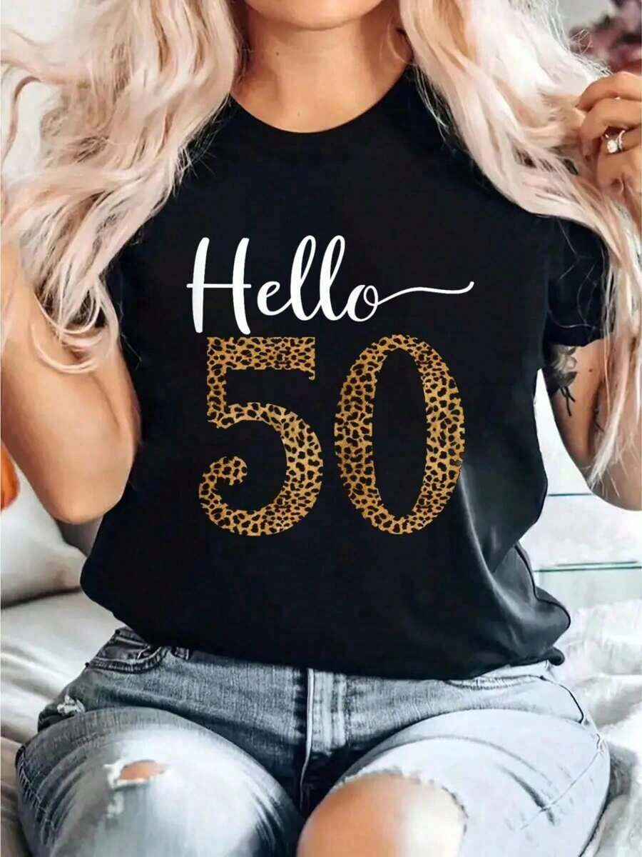 ModernoHello Camiseta con Estampado de Leopardo para Fiesta de 50 Años, Regalo para Mujer, Ropa Casual - Negro - Ver 1