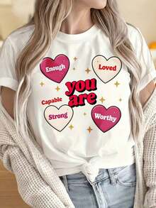 Women's Short-Sleeved Crew Neck T-Shirt With Heart Design Featuring The Phrase "You Are Loved Enough, Capable, Strong, Worthy," A Fun Print T-Shirt For Valentine's Day, Suitable For Christmas Parties, Sports Activities, Holiday Outings, Dates, Sports, Daily Leisure, And Holiday Gift Occasions. - 白色 - 查看 4