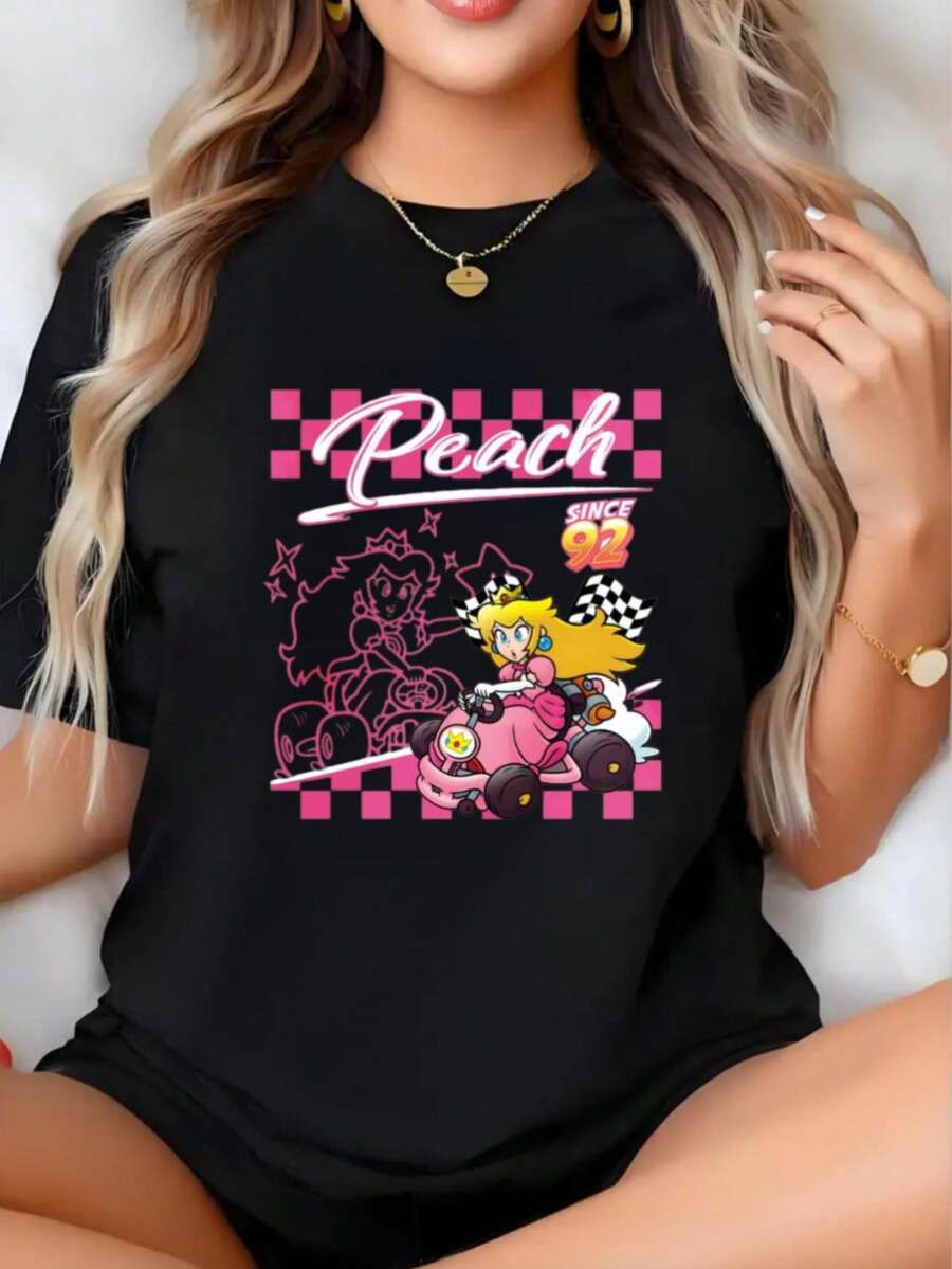 Mujer 002 | Camisetas extragrandes para mujer / Camisetas de Navidad, camisetas Campus Peach de 92 Kart Princess, manga corta y cuello redondo / Sudadera suave y cómoda / Regalo para fiestas de Navidad, Día de San Valentín, enviado desde almacén local - Negro - Ver 1