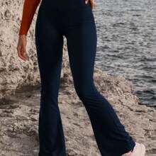 MewMuse. CZRLHYT Pantalones acampanados gruesos, pantalones acampanados de yoga de cintura alta minimalistas, pantalones acampanados deportivos casuales ajustados, pantalones acampanados con diseño de elevación, invierno - Niebla azul - Ver 7