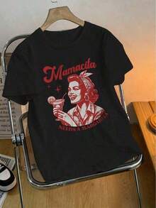 Playera blanca de algodón con diseño retro "Mamacita Needs A Margarita", estilo divertido y casual para fiestas y uso diario, tops para mujer - Negro - Ver 2