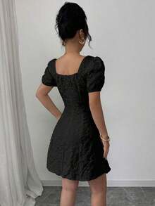 Vestido de mujer de manga abullonada y cuello cuadrado, de moda para el verano - Negro - Ver 2