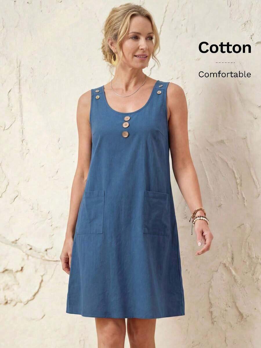 Vestido casual de mujer con diseño de botones, cuello redondo, sin mangas, a rayas y con bolsillo - Azul - Ver 1