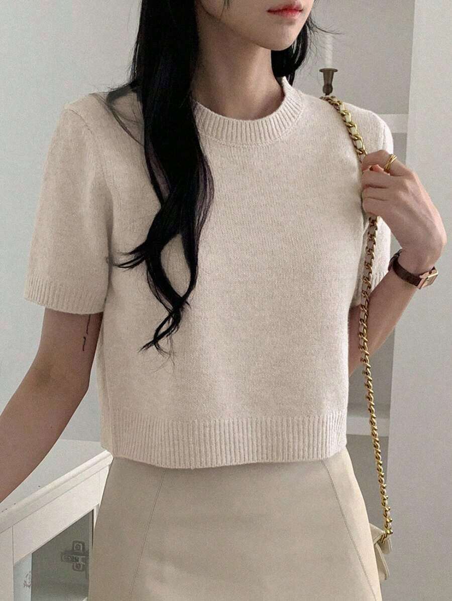 Top de punto casual corto de manga corta y cuello redondo de unicolor ajustado y corto para mujer, verano - Beis - Ver 1