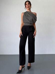 Blusa asimétrica plisada de color albaricoque, elegante y asimétrica en los hombros, adecuada para el Día de San Valentín y el verano, un nuevo y elegante diseño para primavera/verano, versátil para ir al trabajo, la oficina, el día a día, las vac - Gris - Ver 7