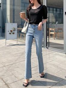 Top de mangas abultadas de malla de contraste, tops para salir de transparentes - Negro - Ver 7