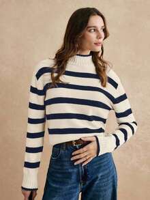 Suéteres de cuello alto a rayas en blanco y negro, suéter blanco, suéteres de mujer, suéter a rayas, atuendos de invierno para mujer, suéter de punto a rayas de manga larga con cuello levantado simple de mujer, casual diario, estilo chic sin esfu - Azul marino - Ver 7