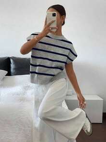 Blusa de punto de manga corta a rayas casual para mujer - Azul marino - Ver 6