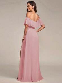 Vestido de dama de honor amarillo con volantes en los hombros, abertura alta y silueta A, adecuado para bodas de primavera/verano, fiestas, playa y vacaciones - Rosa Pálido - Ver 2