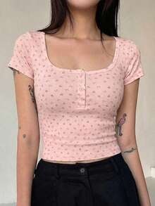 Blusa casual de mujer de unicolor con botones delanteros y mangas cortas, top lindo para uso diario - Rosa 2 - Ver 1