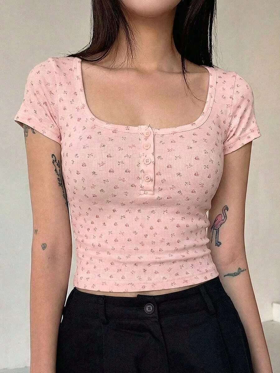 Blusa casual de mujer de unicolor con botones delanteros y mangas cortas, top lindo para uso diario - Rosa 2 - Ver 1