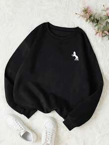 Women's Crew Neck Sweatshirt In Various Colors With Small Horse Print, Versatile Autumn/Winter Jacket - Wear With A Shirt - Latest Fashion - Black - View 1