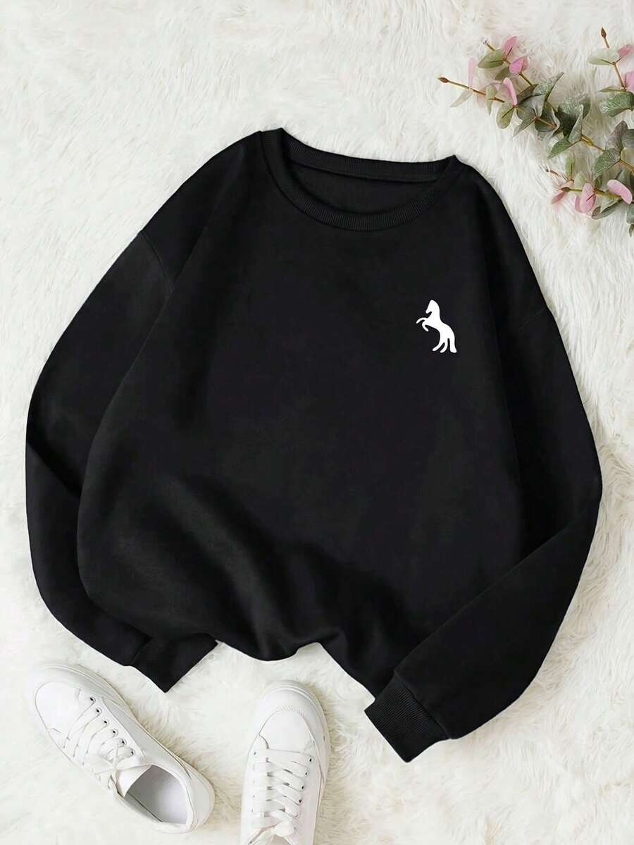 Women's Crew Neck Sweatshirt In Various Colors With Small Horse Print, Versatile Autumn/Winter Jacket - Wear With A Shirt - Latest Fashion - Black - View 1