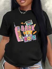 This Short-Sleeved Polyester T-Shirt, With A Retro 90s Design, Is Lightweight And Durable, Suitable For Casual Wear At Home, In Restaurants, Or At Parties. The Print Features Retro Elements Of A Telephone And Cassette Tape. - 黑色 - 查看 7