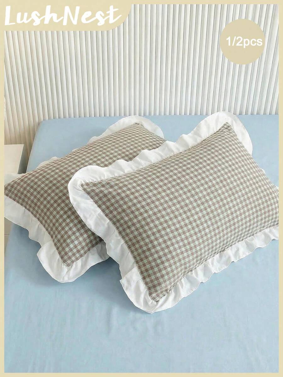 1pc/2pcs Mint Chocolate Tone Small Checkered Pillowcase (Pillow Insert Not Included), Comfortable And Breathable Polyester Fiber Material, Suitable For All Seasons, Can Be Used For Bedroom Scenes, Home Decor, Simple And Classic Style, Checkered Pillowcase, Mint Chocolate Aesthetic, Comfortable Bedding, Classic Decoration, Bedroom Essentials, Popular Home Style - Multicolor - View 1