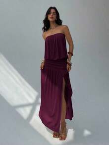 2026 Vestido sin tirantes y sin espalda de color albaricoque para mujer, vestido largo de diseño minimalista con pliegues, vestido fluido, vestido transparente para mujer para primavera y verano, vestido de playa, atuendos de vacaciones en la playa, vestidos de verano amarillo mantequilla para mujeres - Granada - Ver 4
